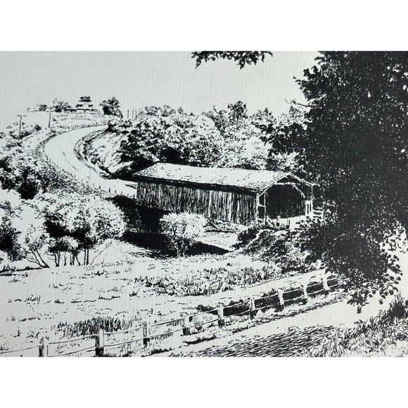 Louise Lawrence Poem The Old Covered Bridge Sketch Drawing Unframed Vintage - Picture 2 of 6